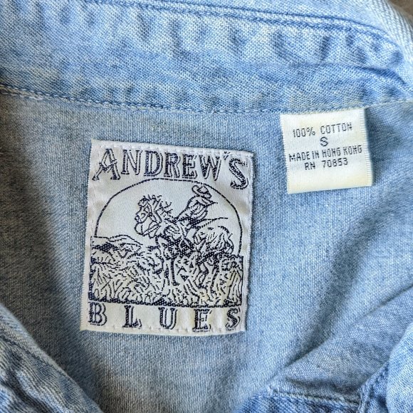 Vintage Andrew's Blues Leather Lattice Denim Button Front Shirt small - Picture 6 of 8